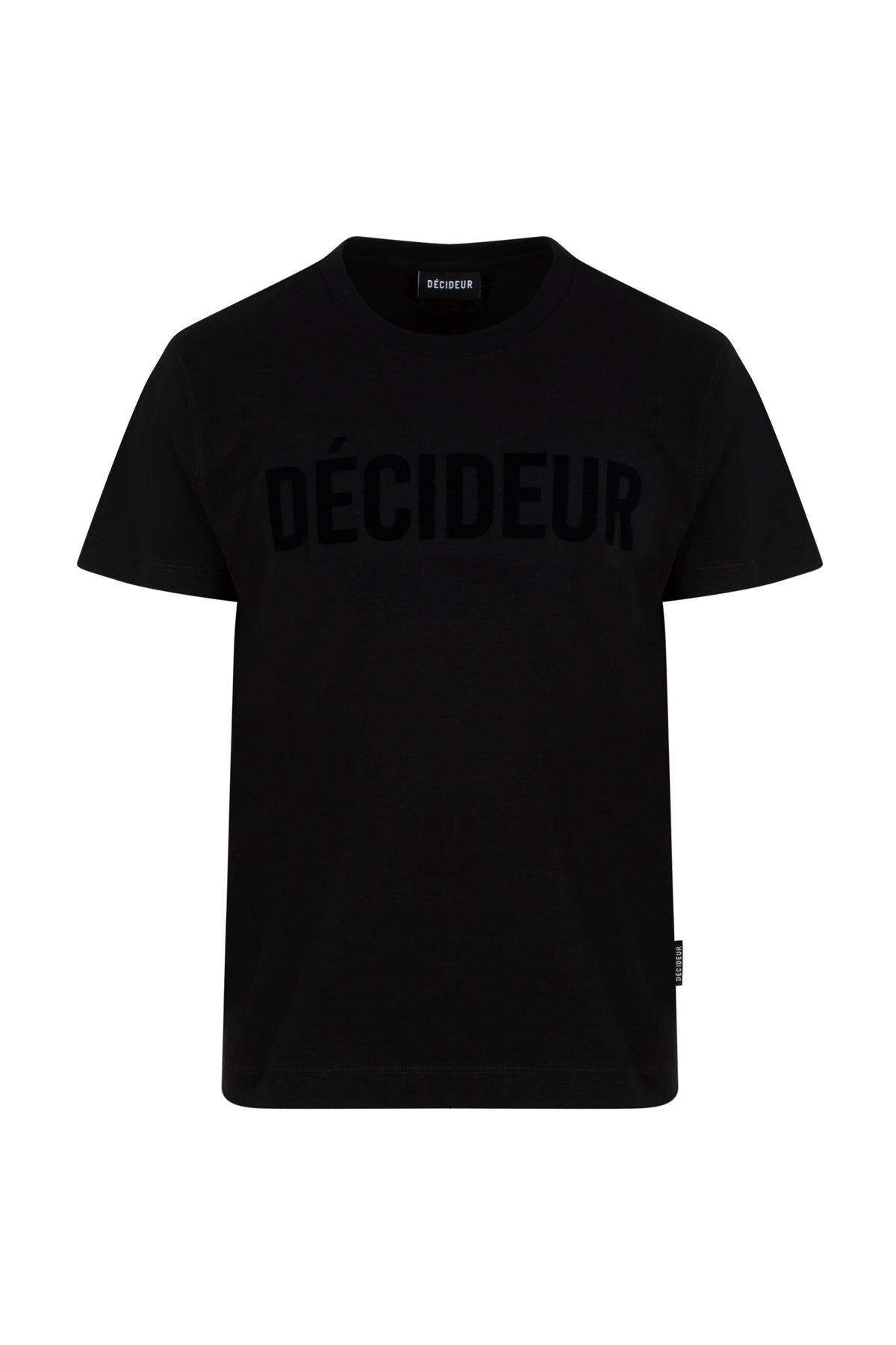 Black DÉCIDEUR crew-neck T-shirt with black flock lettering, front view