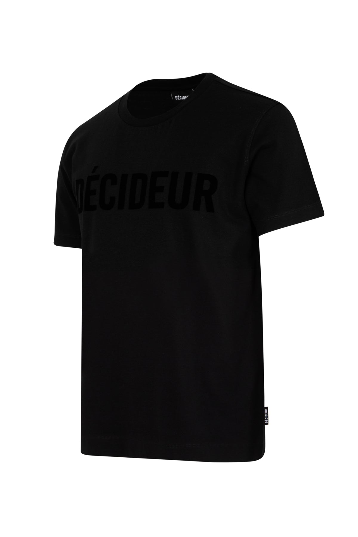 Black DÉCIDEUR crew-neck T-shirt with black flock lettering, side view