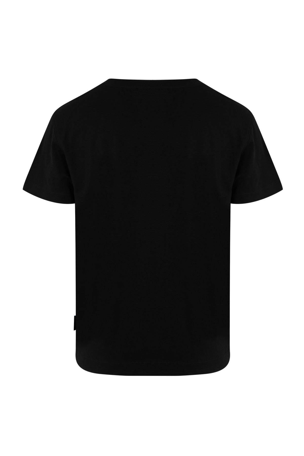 Black DÉCIDEUR crew-neck T-shirt with black flock lettering, back view